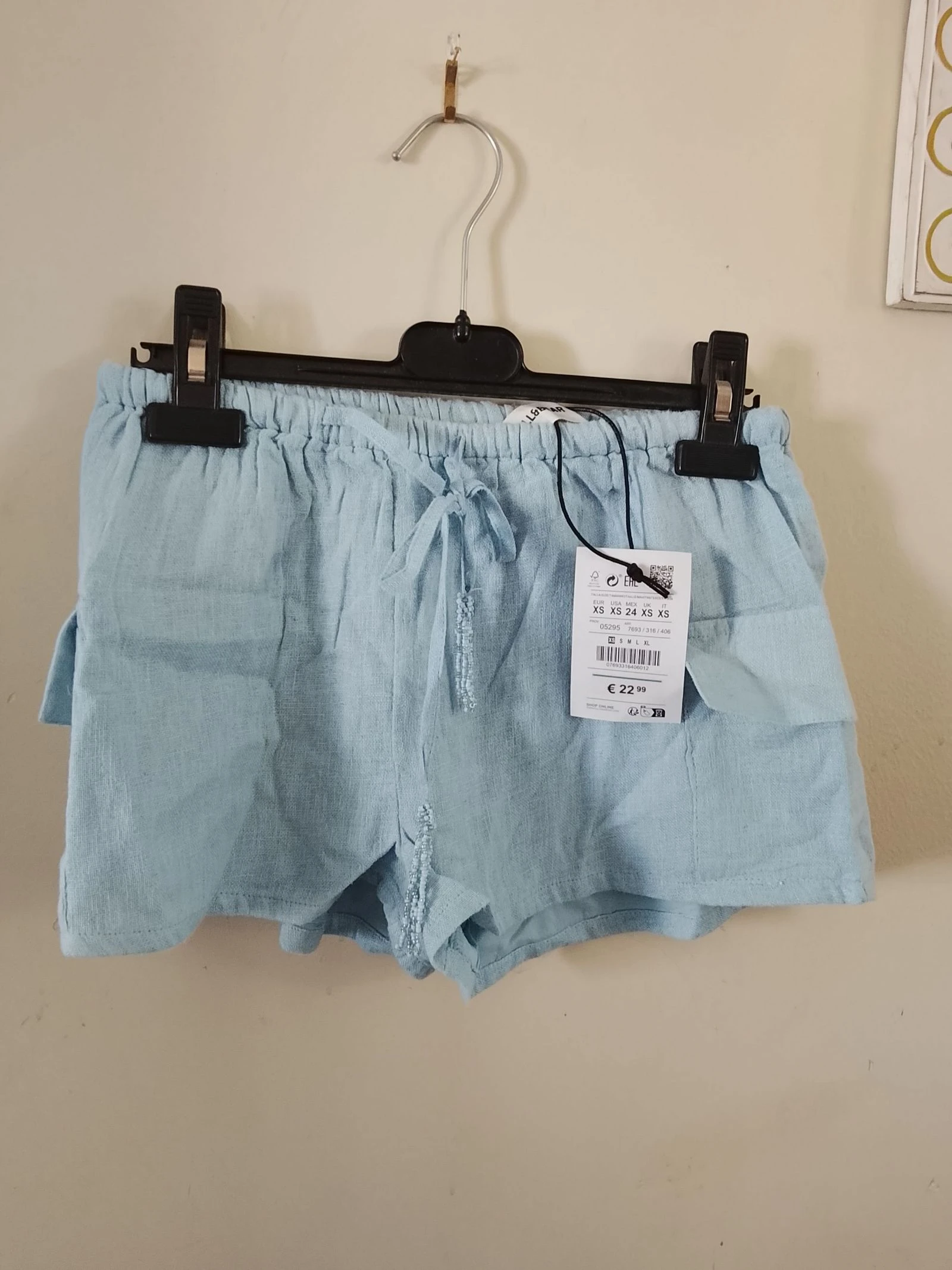 👒 NEUF AVEC ÉTIQUETTE PULL&BEAR Taille 34 Short bleu clair en Lin prix neuf 23 e 👒
